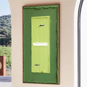 Grön abstrakt figur väggkonst minimalistisk texturerad kanvasmålning modern vardagsrumsinredning