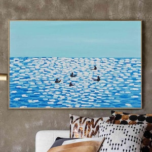 Seascape Art Minimalist Painting Surfing Gift Blue Ocean Painting Blue Wave Artwork Coastal Wall Decor Surfer Landscape Summer Gift