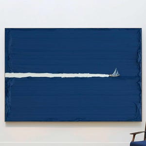 Gran pintura azul del océano, pintura de velero, pintura con textura 3D azul, arte abstracto marino, pintura minimalista, arte oceánico, arte de pared con olas, decoración del hogar