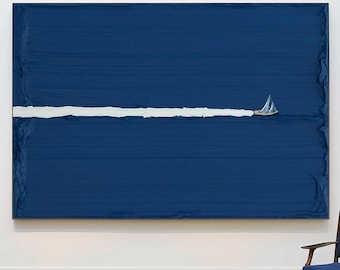 Large Blue Ocean Painting Sailboat Painting Blue 3D Texture Painting Sea Abstract Art Minimalist Painting Ocean Art Wave Wall Art Home Decor