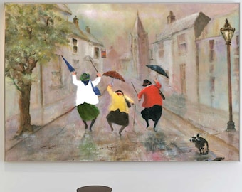 Warm Rainy Street Women Wall Art Impressionist Friendship Canvas Painting for Living Room Decor