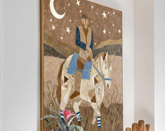 Cubist Cowboy Painting Western Horse Wall Art Moonlight Abstract Canvas Painting Rustic Modern Decor
