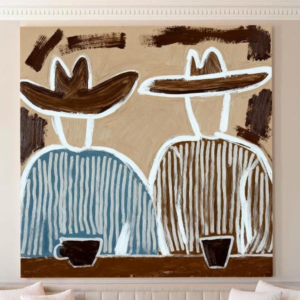 Quadro da parete "Cowboy Coffee" con duo western, dipinto figurativo su tela per un arredamento rustico della sala da pranzo.