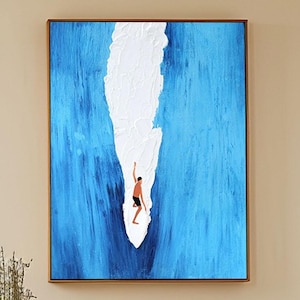 Surfing Gifts Blue Texture Painting Large Minimalist Textured Wall Art Surfing Painting Oil on Canvas Summer Wall Art Sports Art
