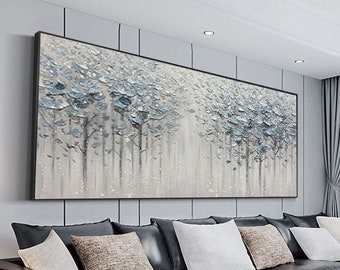 Large Gray Painting Flowers Painting Modern Original Artwork Rich Textured Custom Painting Silver Leaf Acrylic Painting Living Room Painting