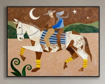 May include: A rectangular wall art print featuring a stylized illustration of a person riding a white horse across a tan landscape. The scene includes a crescent moon, stars, green hills, and geometric patterns in shades of brown, blue, and yellow.