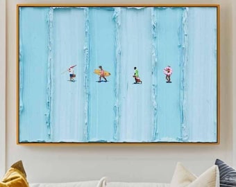 Abstract Beach Art Textured Blue Wall Art Beach Figures Impasto Ocean Decor Abstract Beach Art Summer Wall Decor Beach Lover Gift Summer