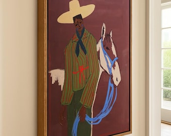 Bruin cowboypaard muurkunst minimalistisch westers canvas schilderij voor woonkamerdecor