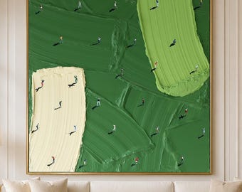 May include: A large square canvas painting featuring thick, textured impasto brushstrokes in shades of forest green, lime green, and cream. Small, detailed figures are scattered across the surface, each casting a distinct shadow on the paint.