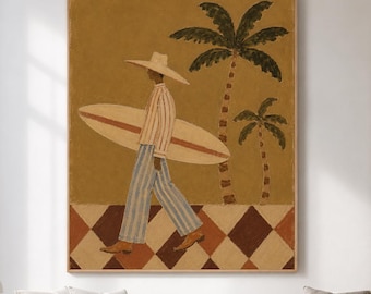 May include: A rectangular wall art print featuring a person in a wide-brimmed hat carrying a surfboard. The figure wears a striped shirt and pants, walking across a brown and white diamond-patterned floor with two palm trees in the background.