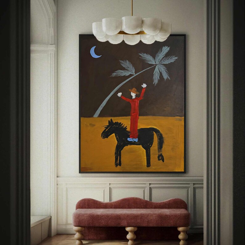 Balancing Rider Painting, Horse Figurative Art, Palm Tree Night Scene ...