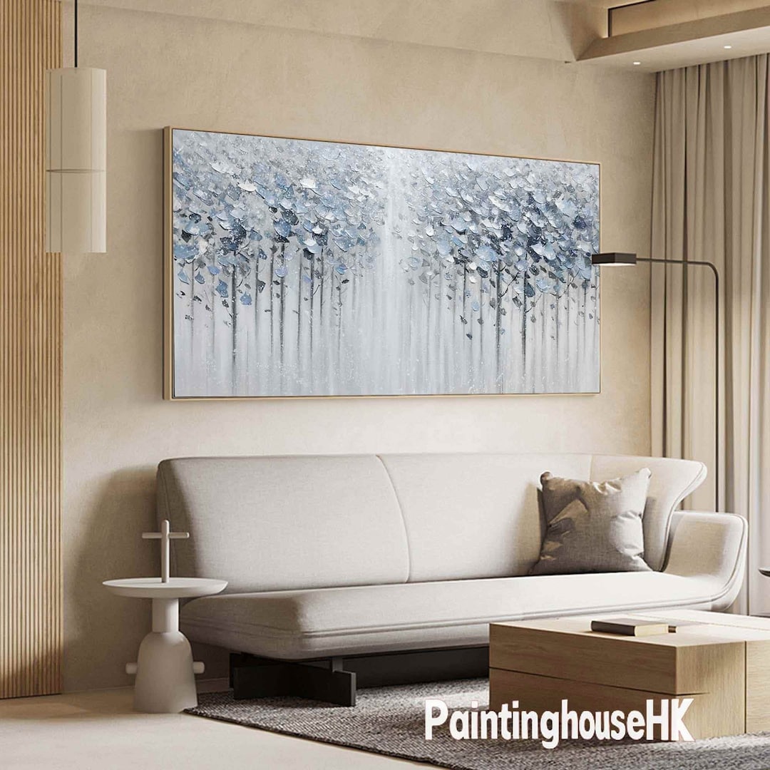 Large Abstract Plant Painting 3D Texture Painting Grey White Blue ...