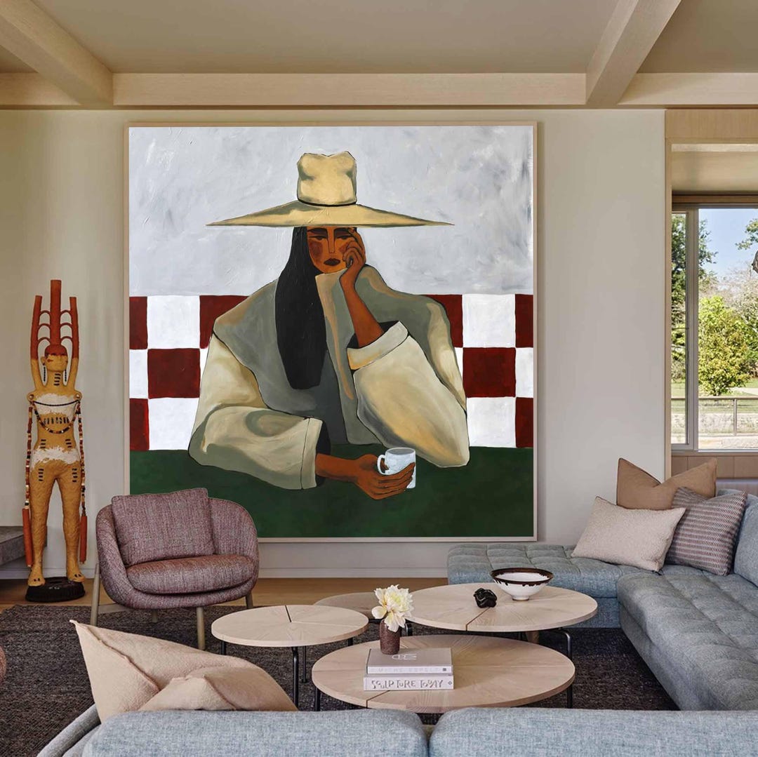 Woman With Hat Painting Wall Art Minimalist Figurative Canvas Painting ...