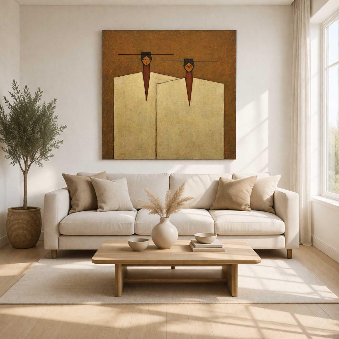 Neutral Two Figure Wall Art Abstract Woman Canvas Painting for Living ...