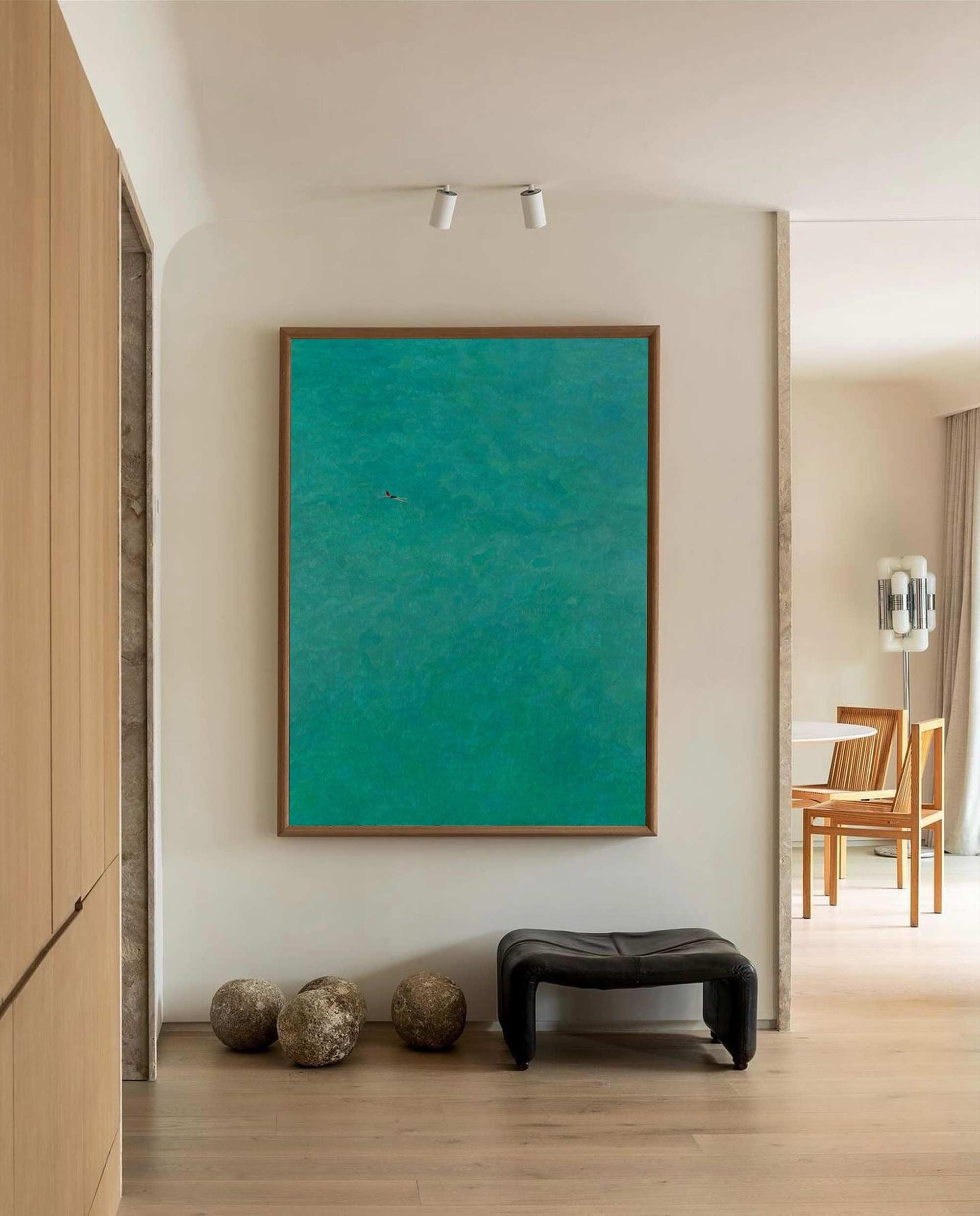 Abstract Minimalist Seascape Art Green Ocean Painting Abstract Green Water Canvas Swimmer Artwork Summer Gifts Green Wall Decor