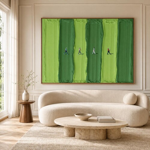 Toile minimaliste texturée d'art mural de parcours de golf vert rayé pour la décoration de bureau