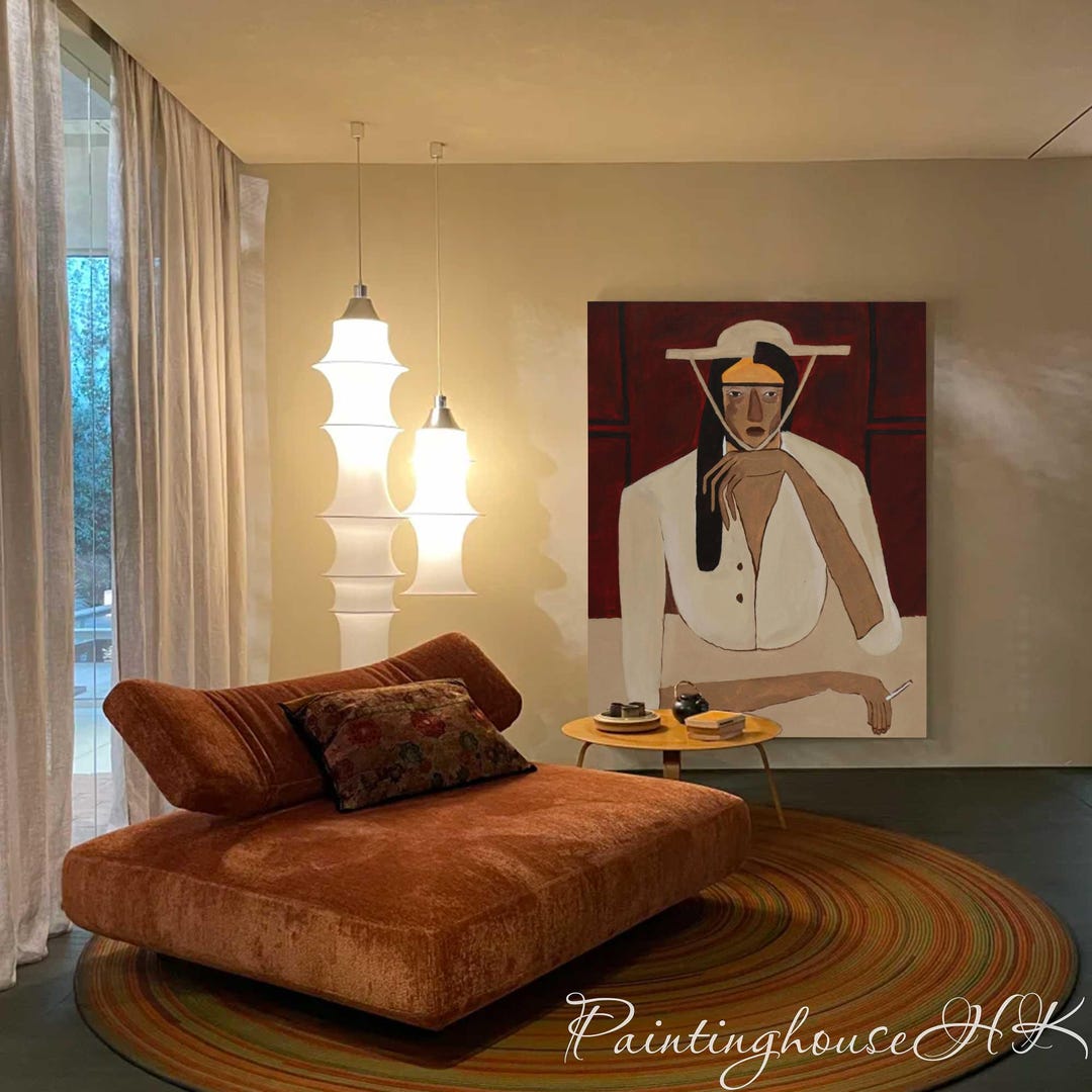 Abstract Woman Portrait Painting Red Background Wall Art Unique Female ...