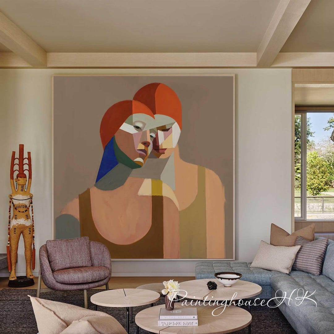 Neutral Women Portrait Wall Art Cubist Figurative Canvas Painting for ...