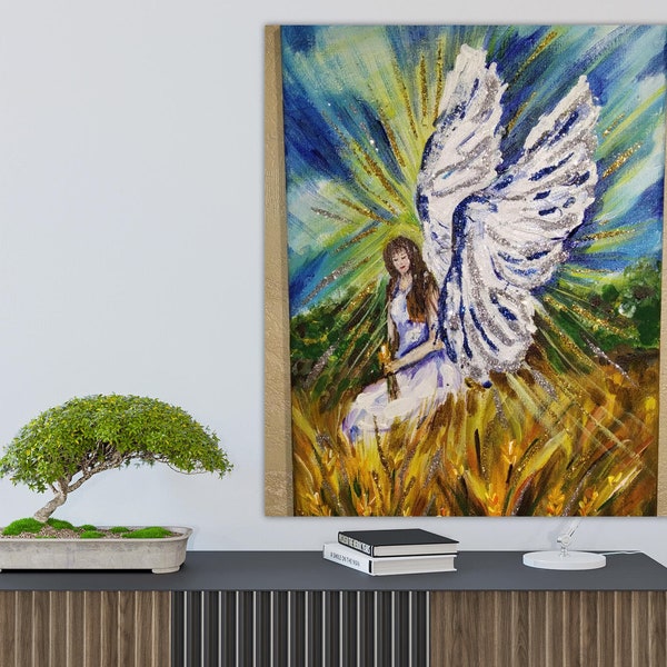 Angel on canvas 20x30cm Religious Art Angel roses Spiritual Modecor New Year Gift for Mom Christmas Guardian angel oil painting original art