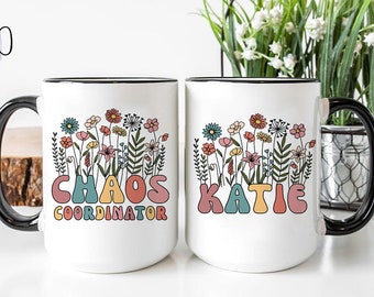 Administrative Professionals Day Gift Mug, Wildflowers Personalized Chaos Coordinator Mug, Assistant Thank You Gift Admin Mug, Mom Mug