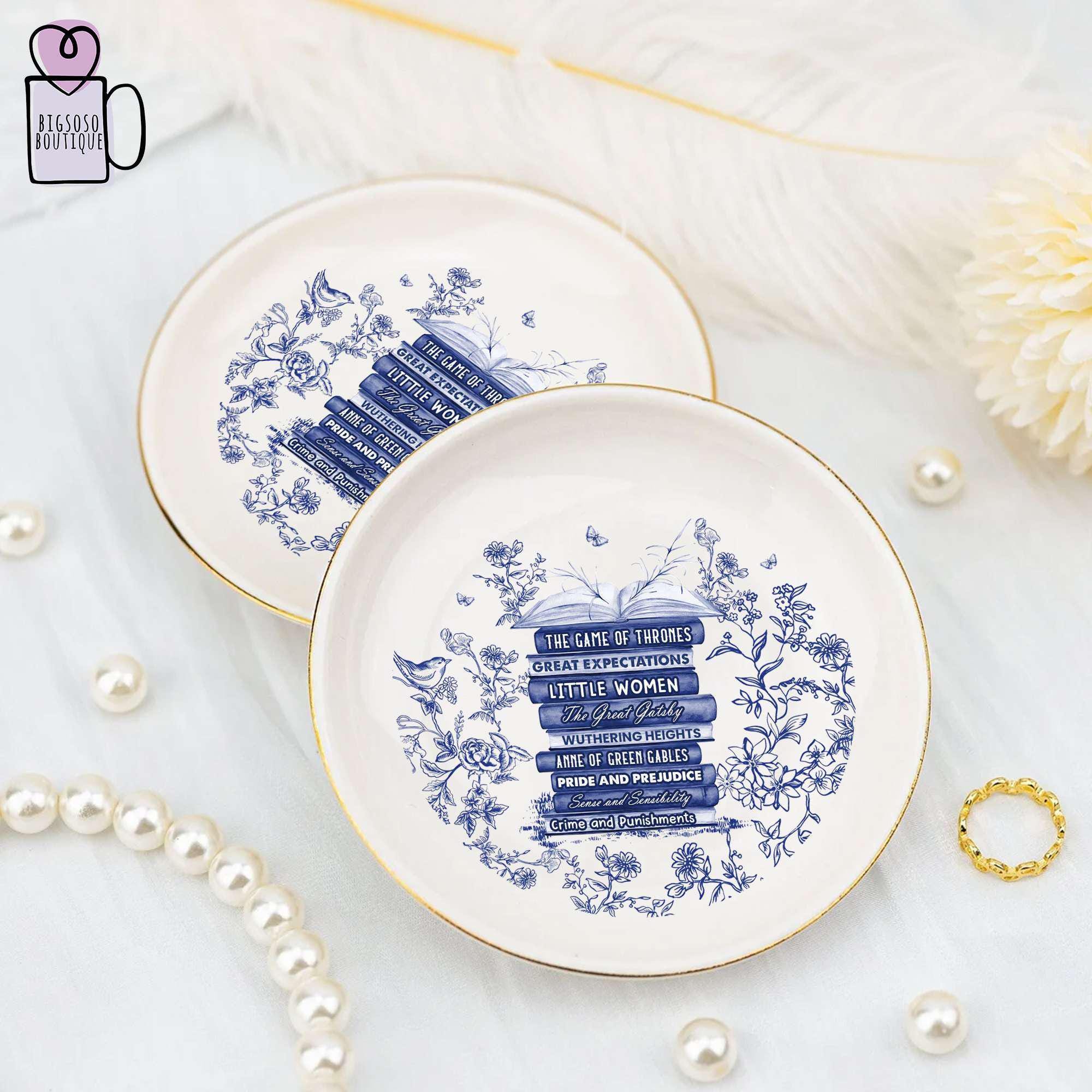 Custom Bookshelf Chinoiserie Toile De Jouy Dish, Favorites Bookshelf Trinket Tray Gift, Custom Book Art Tray, Book Lover Gift, Reader Gift.