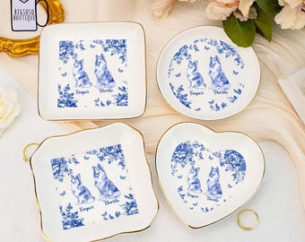 Personalized Dog Custom Breeds Dish, Chinoiserie Toile De Jouy,Jewelry Dish, Dog Lover Gift, Dog Jewelry Dish, Gift For Dog Dad And Dog Mom.