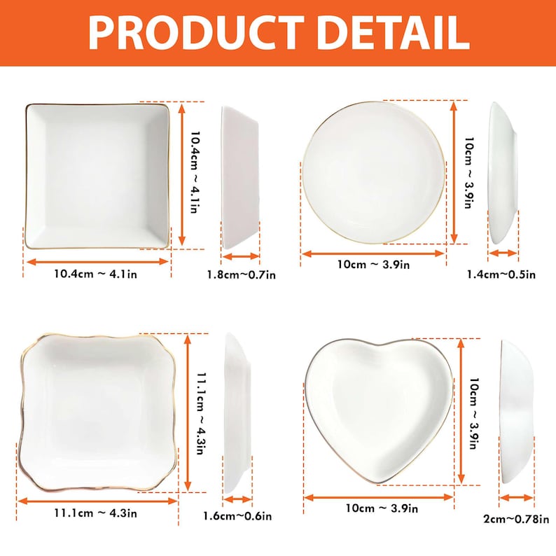 Pu&ograve; includere: Immagine di quattro piatti in ceramica bianca con bordi dorati. I piatti sono quadrati, rotondi e a forma di cuore, con dimensioni in centimetri. Il testo "PRODUCT DETAIL" &egrave; in alto.