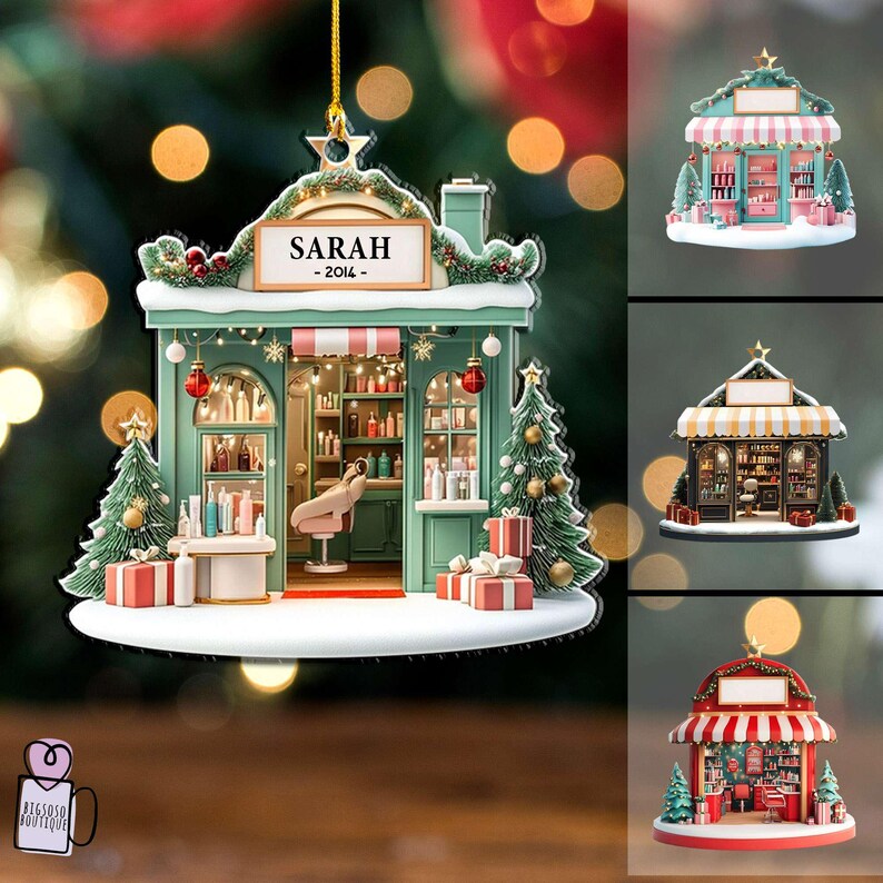 May include: A Christmas ornament shaped like a salon, with the name "SARAH" and the year "2014" on a sign. The ornament is green and white, with a pink and white striped awning, Christmas trees, and gift boxes. Additional salon-themed ornaments are also shown.