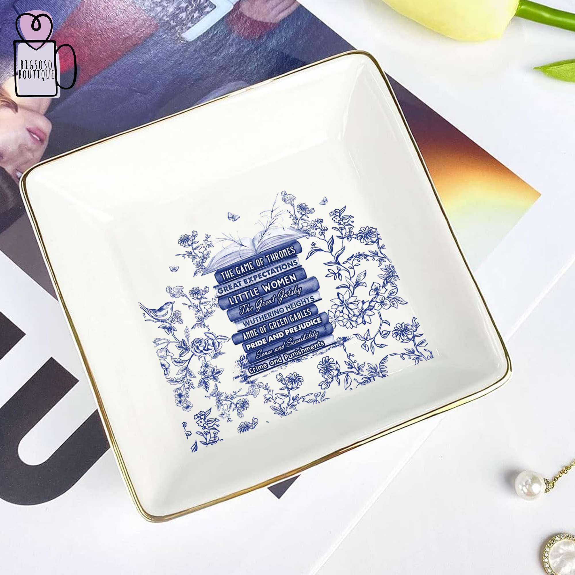 Custom Bookshelf Chinoiserie Toile De Jouy Dish, Favorites Bookshelf Trinket Tray Gift, Custom Book Art Tray, Book Lover Gift, Reader Gift.