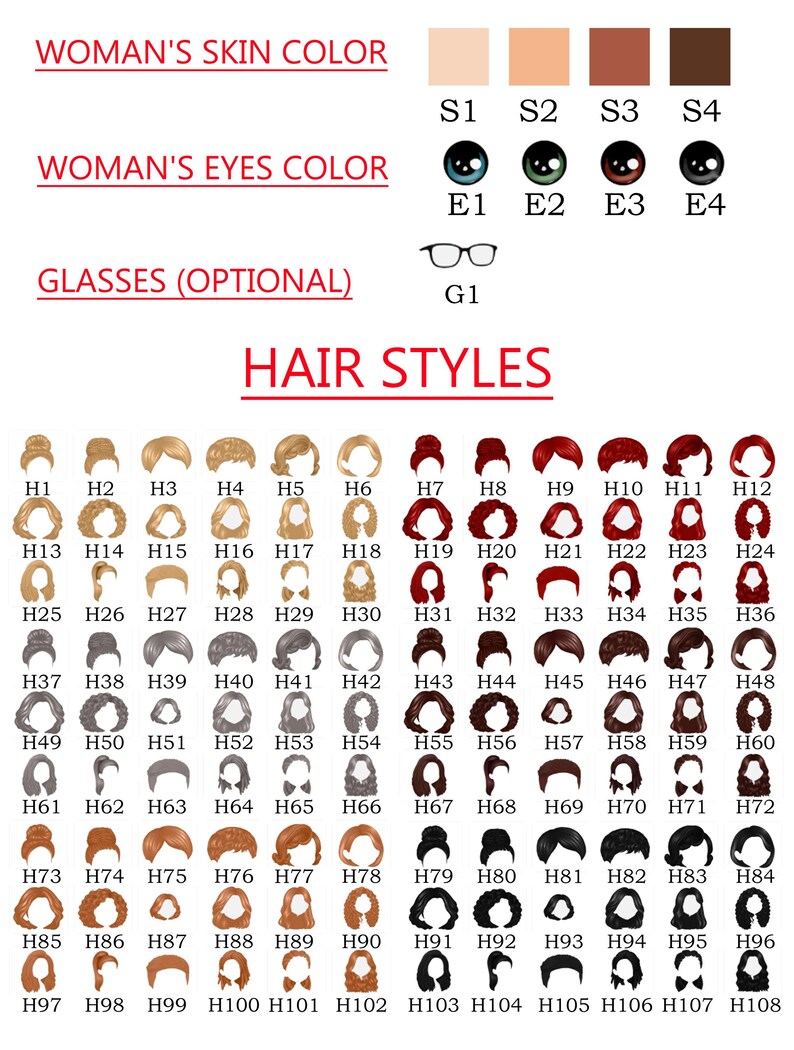 May include: A customization chart featuring four skin tones labeled S1 through S4, four eye colors labeled E1 through E4, one pair of glasses labeled G1, and 108 numbered hair style illustrations in various colors including blonde, red, brown, and black.