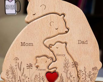 Personalized Hugging Bear Family Wooden Puzzle, Wooden Animal Family Puzzle, Father's Day Gift For Dad For Mom, Custom Family Member Names 3