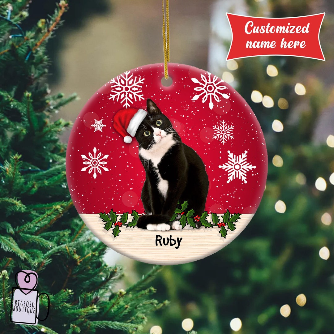 Personalized Tuxedo Cat Ornament, Gifts for Cat Mama, Meowy Christmas Ornament, Cute Black Cat