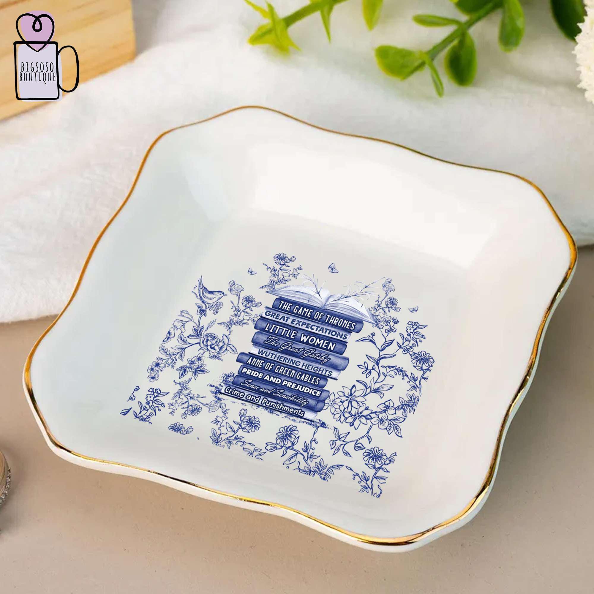 Custom Bookshelf Chinoiserie Toile De Jouy Dish, Favorites Bookshelf Trinket Tray Gift, Custom Book Art Tray, Book Lover Gift, Reader Gift.