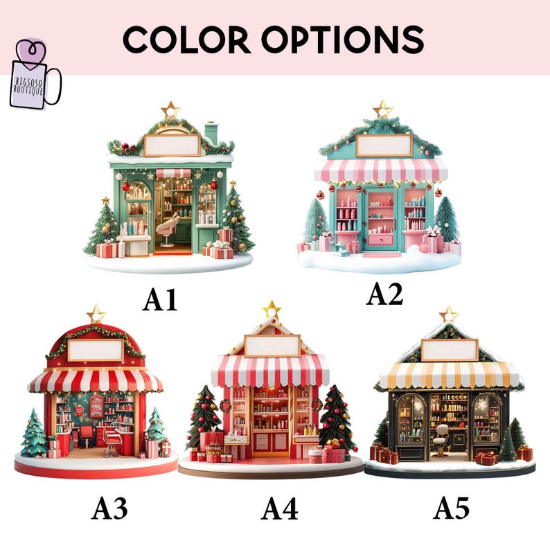 May include: An image displays five miniature Christmas shop models in various color schemes. Each shop features a star on top, a striped awning, and is surrounded by snow, Christmas trees, and gift boxes. The text "COLOR OPTIONS" is at the top.
