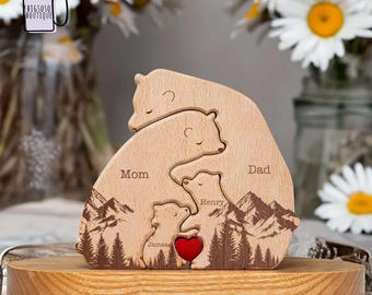 Personalized Hugging Bear Family Wooden Puzzle, Wooden Animal Family Puzzle, Father's Day Gift For Dad For Mom, Custom Family Member Names 2
