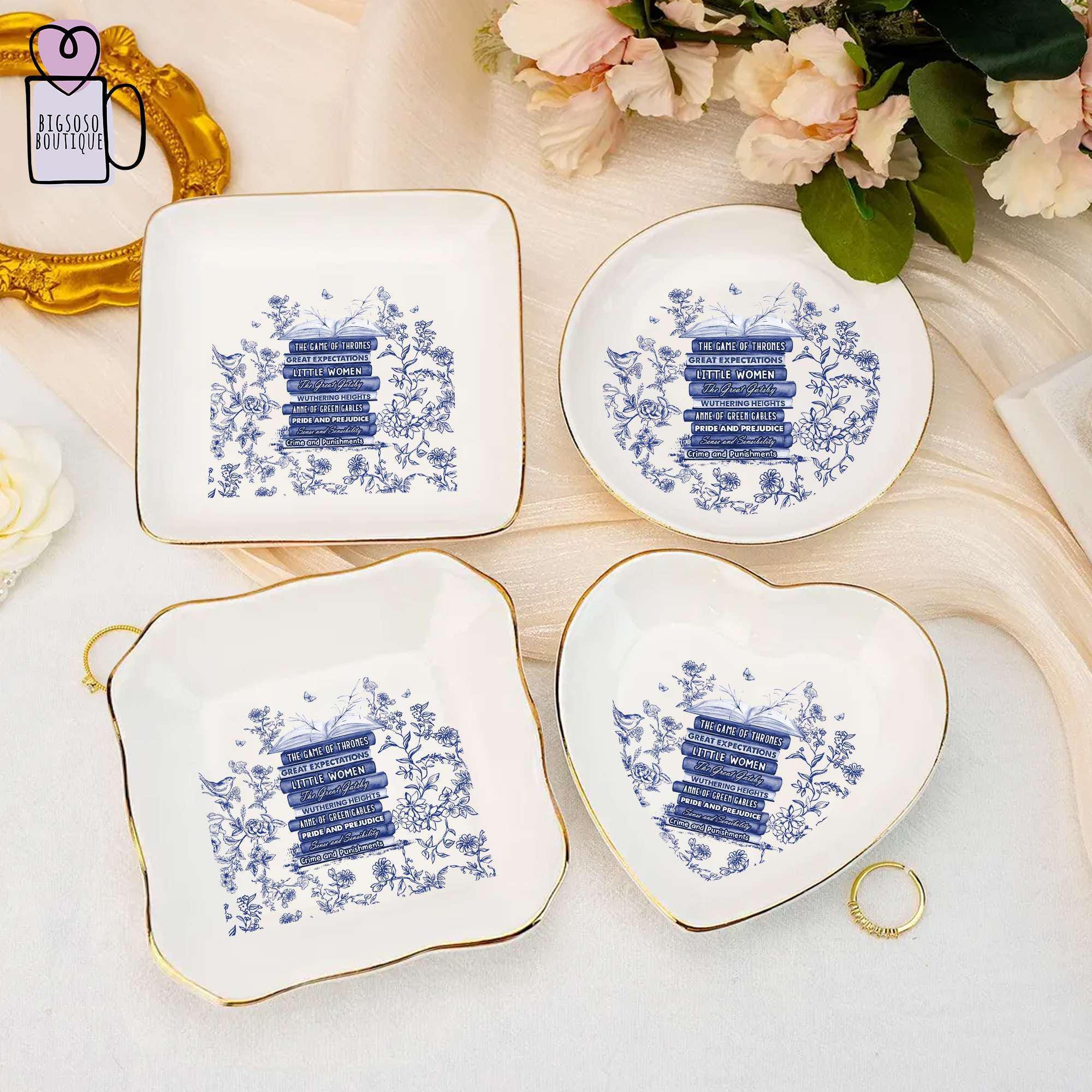 Custom Bookshelf Chinoiserie Toile De Jouy Dish, Favorites Bookshelf Trinket Tray Gift, Custom Book Art Tray, Book Lover Gift, Reader Gift.