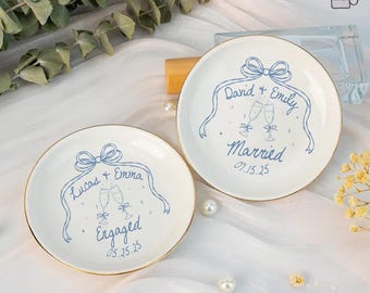 Personalized Engaged Married Ring Dish, Custom Wedding Gift, Couple Anniversary Present, Engagement Gift For Bride, Bow Couple Jewelry Tray