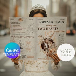 Könnte beinhalten: Eine Hochzeitsankündigungsvorlage, die wie eine alte Zeitung gestaltet ist. Die Schlagzeile lautet "Forever Times: Breaking News: Two Hearts Become One!" mit einem Foto eines Paares in der Mitte. Der Text "Inclusive Mobile Edition" befindet sich in der unteren rechten Ecke.