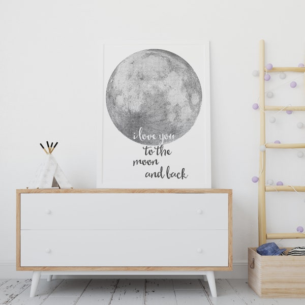 Arte de la guardería, Te amo hasta la luna y arte de regreso, Decoración del hogar, estampado de luna, te amo impreso, imprimible, arte de la pared del bebé, arte de la guardería