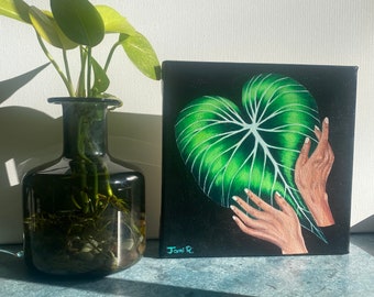 Still life Alocasia leaf and hands, acrylic on canvas, 8x8inch, neon green still life art, original artwork