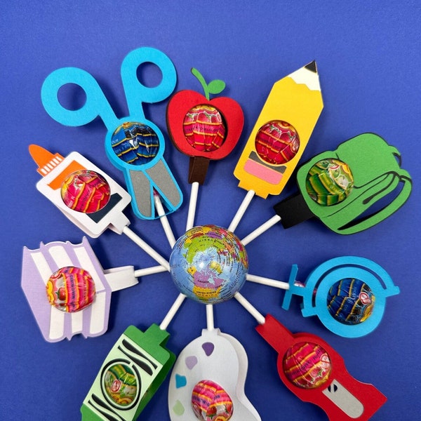 Back to school Lollipop Holders Svg for Cricut, Apple, Globe, Palette, Stack of Books, Backpack, Scissors, Crayon, Pencil, Glue Sharpener