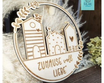 Door sign "Home full of love" Wooden sign Wooden sign with engraving Door wreath