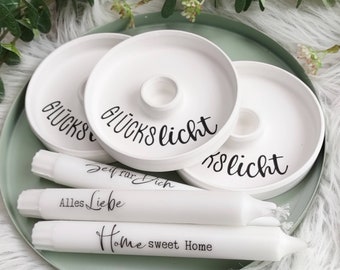 Lucky light candle plate* candle holder with the lettering "Glücklicht" * stick candle holder