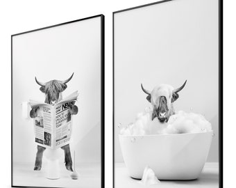BLCKART Noble highland cow wall pictures funny bathroom decoration - 2x DIN A3 - black and white highland cattle pictures bathroom decoration poster set