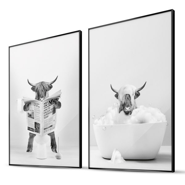 BLCKART Edle Hochland Kuh Wandbilder Lustige Badezimmer Deko - 2x DIN A3 - Schwarzweiß Hochlandrind Bilder Bad Deko Poster Set