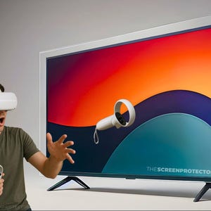 May include: A person wearing a virtual reality headset is looking at a television screen with a colourful abstract design. The screen is displaying a white virtual reality controller. The text "THE SCREEN PROTECTOR" is visible on the screen.