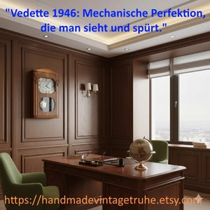 Pode incluir: Um escritório em estilo vintage com uma secretária de madeira, uma cadeira verde e um globo. Um relógio de madeira está pendurado na parede. O texto "Vedette 1946: Mechanische Perfektion, die man sieht und spürt." é visível. O URL da loja Etsy também é visível.