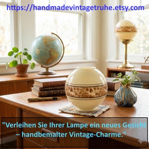 May include: A vintage-style lamp shade with a cream-colored base and a brown patterned design. The shade sits on a small, decorative mat on a wooden desk. The image also includes a globe, books, and a small vase.