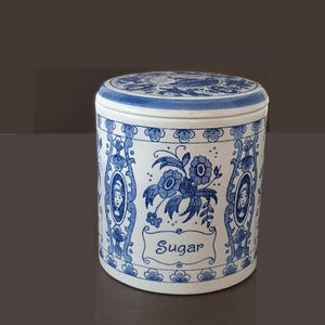 Delft Blau-weiß Zuckerdose handbemalt, originale Holland Porzellan Vorratsdose Sugar, blau weiße Vintage Kaffeedose mit Windmühle und Deckel