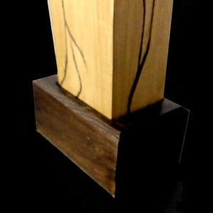 Puede incluir: Escultura de madera con una secci&oacute;n superior rectangular de color claro con marcas oscuras de forma org&aacute;nica, colocada sobre una base rectangular m&aacute;s oscura. La escultura est&aacute; sobre un fondo negro.